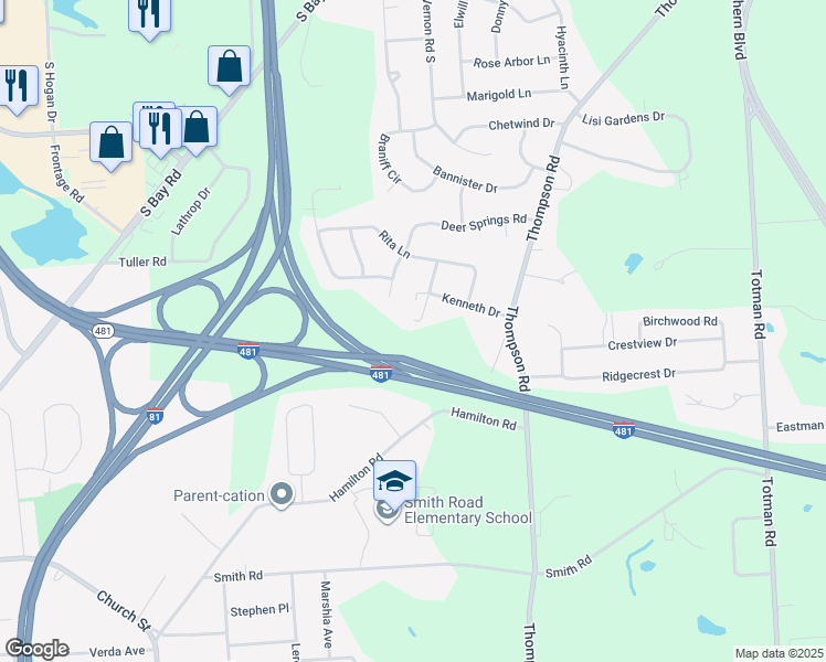 map of restaurants, bars, coffee shops, grocery stores, and more near 6078 Kenneth Drive in North Syracuse