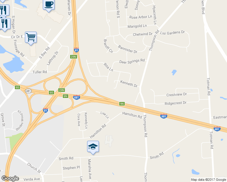 map of restaurants, bars, coffee shops, grocery stores, and more near 6078 Kenneth Drive in North Syracuse