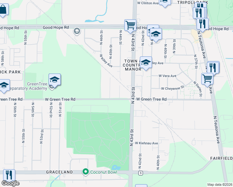 map of restaurants, bars, coffee shops, grocery stores, and more near 4400 West Green Tree Road in Milwaukee