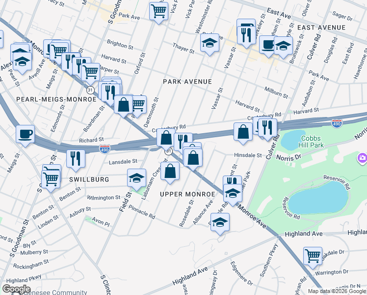 map of restaurants, bars, coffee shops, grocery stores, and more near 902 Monroe Avenue in Rochester