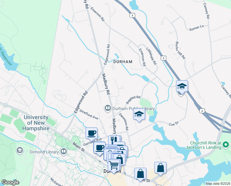 map of restaurants, bars, coffee shops, grocery stores, and more near 2 Woodside Drive in Durham