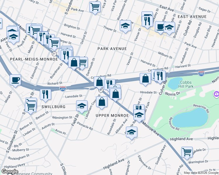 map of restaurants, bars, coffee shops, grocery stores, and more near 902 Monroe Avenue in Rochester