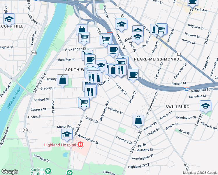 map of restaurants, bars, coffee shops, grocery stores, and more near 40 Nicholson Street in Rochester