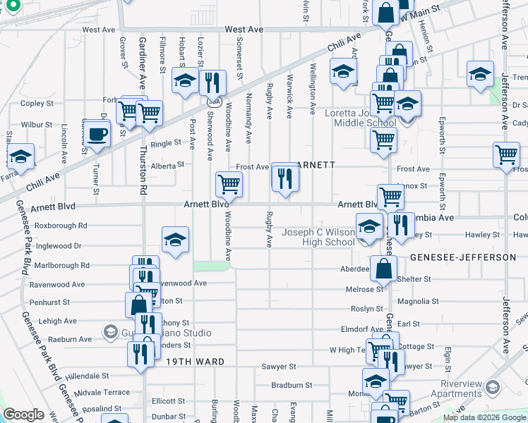 map of restaurants, bars, coffee shops, grocery stores, and more near 310 Rugby Avenue in Rochester