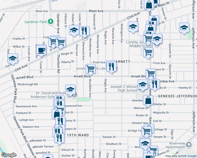 map of restaurants, bars, coffee shops, grocery stores, and more near 296 Aldine Street in Rochester