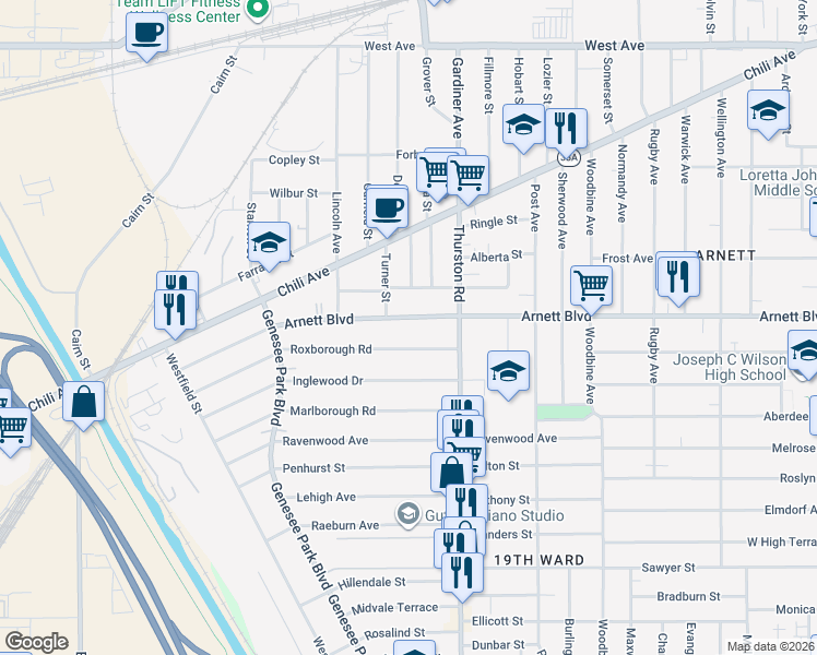 map of restaurants, bars, coffee shops, grocery stores, and more near 84 Roxborough Road in Rochester