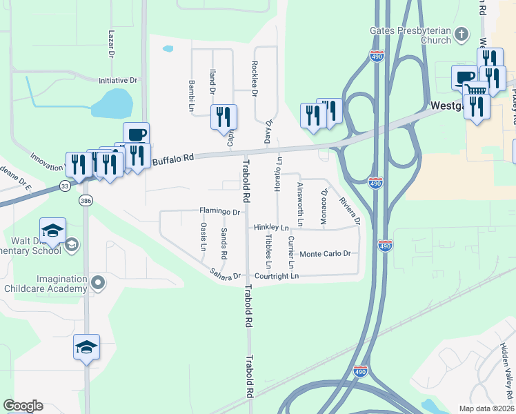 map of restaurants, bars, coffee shops, grocery stores, and more near 138 Trabold Road in Rochester