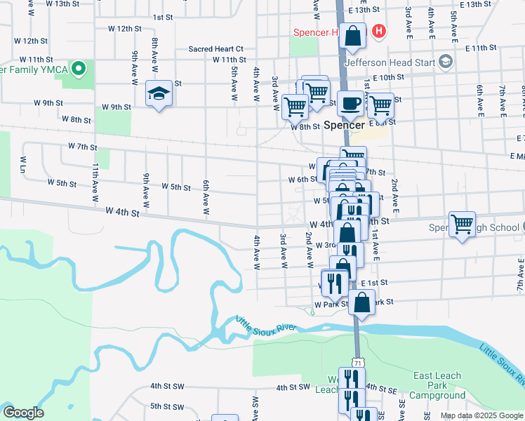 map of restaurants, bars, coffee shops, grocery stores, and more near 307 W 4th St in Spencer
