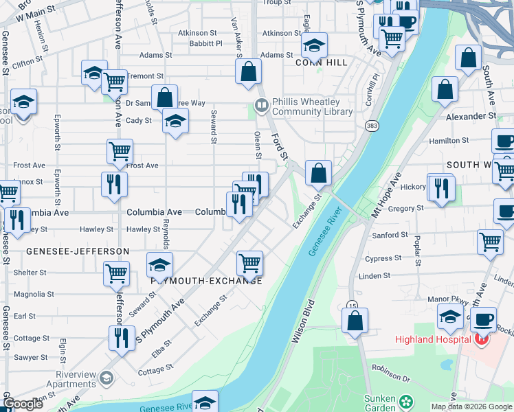 map of restaurants, bars, coffee shops, grocery stores, and more near 734 New York 383 in Rochester