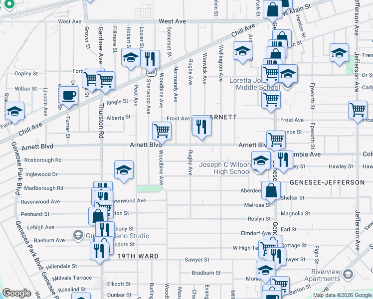 map of restaurants, bars, coffee shops, grocery stores, and more near 310 Rugby Avenue in Rochester