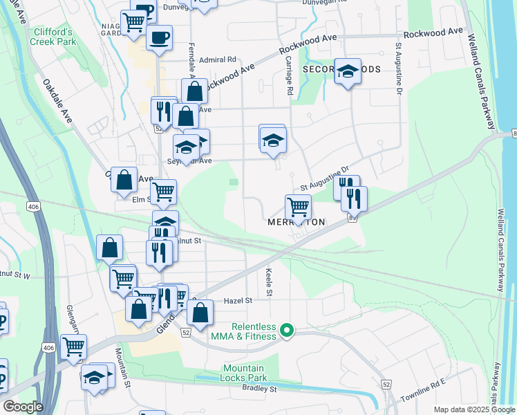 map of restaurants, bars, coffee shops, grocery stores, and more near 10 Autumn Place in Saint Catharines