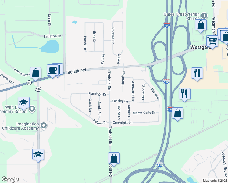 map of restaurants, bars, coffee shops, grocery stores, and more near 138 Trabold Road in Rochester