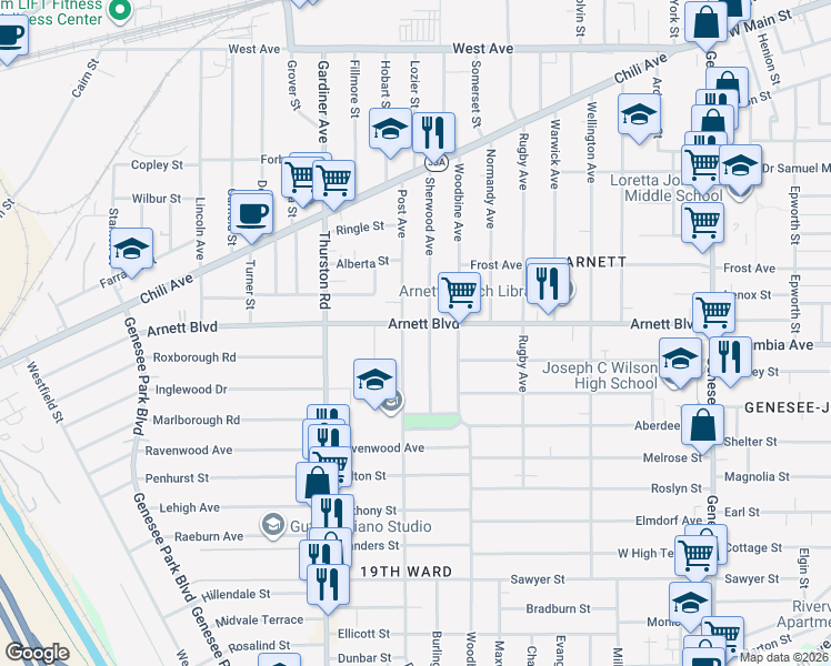 map of restaurants, bars, coffee shops, grocery stores, and more near 232 Post Avenue in Rochester