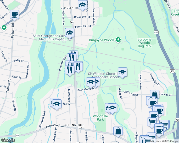 map of restaurants, bars, coffee shops, grocery stores, and more near 16 Towering Heights Boulevard in St. Catharines