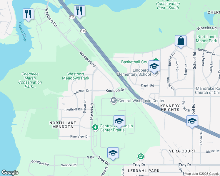 map of restaurants, bars, coffee shops, grocery stores, and more near 301 Knutson Drive in Madison
