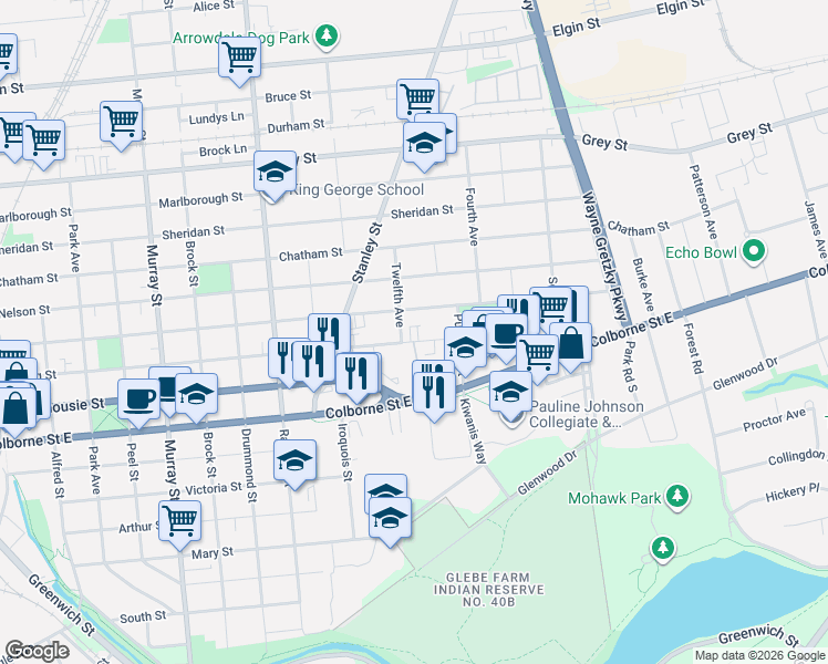 map of restaurants, bars, coffee shops, grocery stores, and more near 366 Darling Street in Brantford
