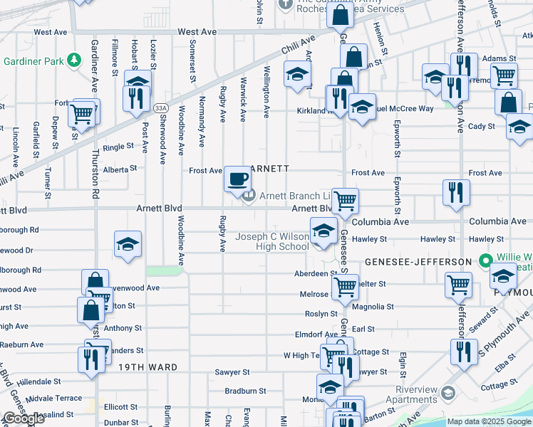 map of restaurants, bars, coffee shops, grocery stores, and more near 330 Wellington Avenue in Rochester