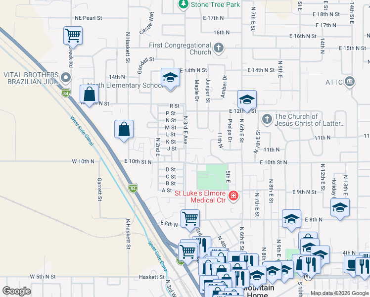 map of restaurants, bars, coffee shops, grocery stores, and more near 1110 North 3rd East Street in Mountain Home
