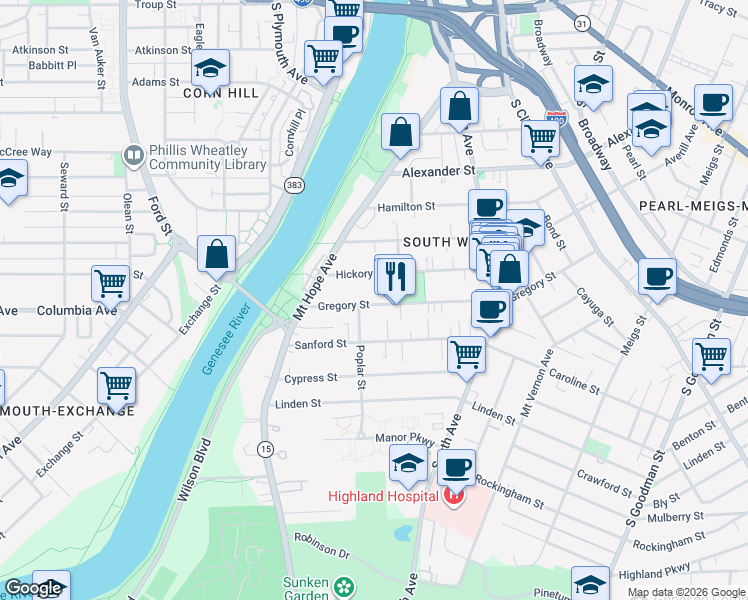 map of restaurants, bars, coffee shops, grocery stores, and more near 91 Gregory Street in Rochester