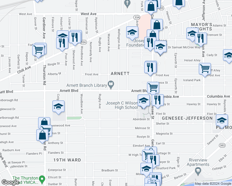 map of restaurants, bars, coffee shops, grocery stores, and more near 190 Aldine Street in Rochester