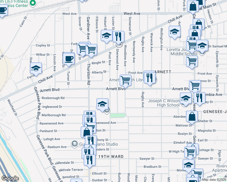 map of restaurants, bars, coffee shops, grocery stores, and more near 232 Post Avenue in Rochester