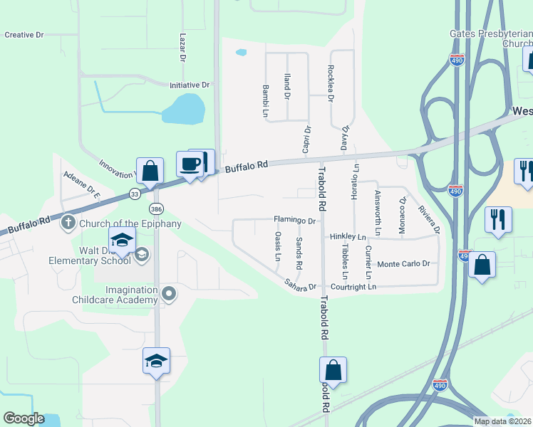 map of restaurants, bars, coffee shops, grocery stores, and more near 3 Flamingo Circle in Rochester