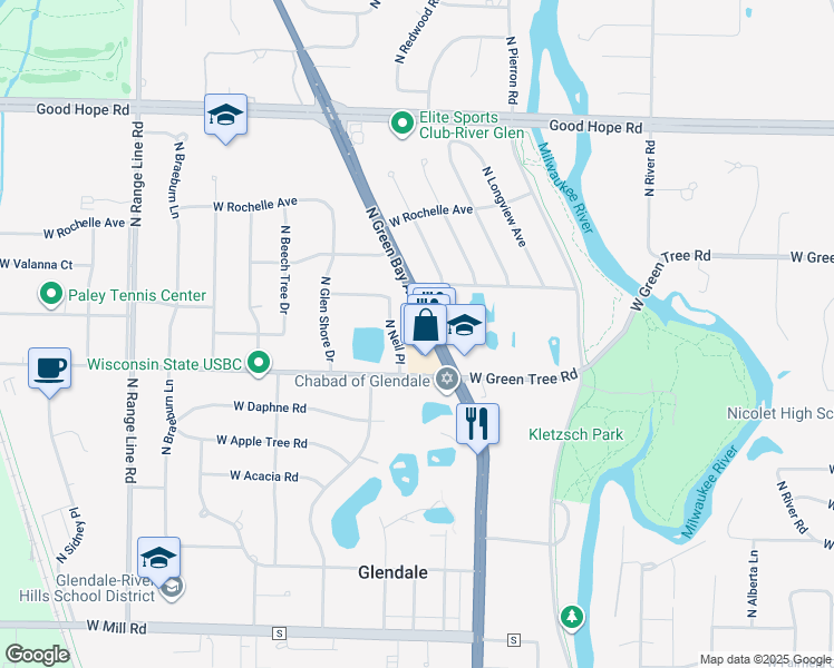 map of restaurants, bars, coffee shops, grocery stores, and more near 6817 North Green Bay Avenue in Milwaukee