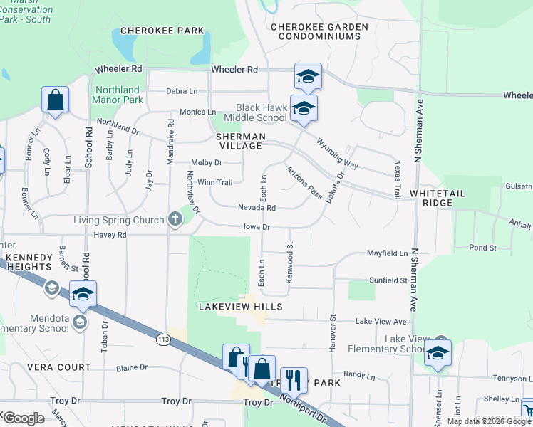 map of restaurants, bars, coffee shops, grocery stores, and more near 1414 Iowa Drive in Madison