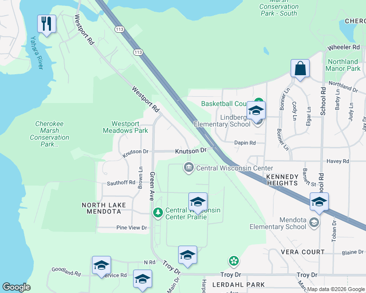 map of restaurants, bars, coffee shops, grocery stores, and more near 301 Knutson Drive in Madison