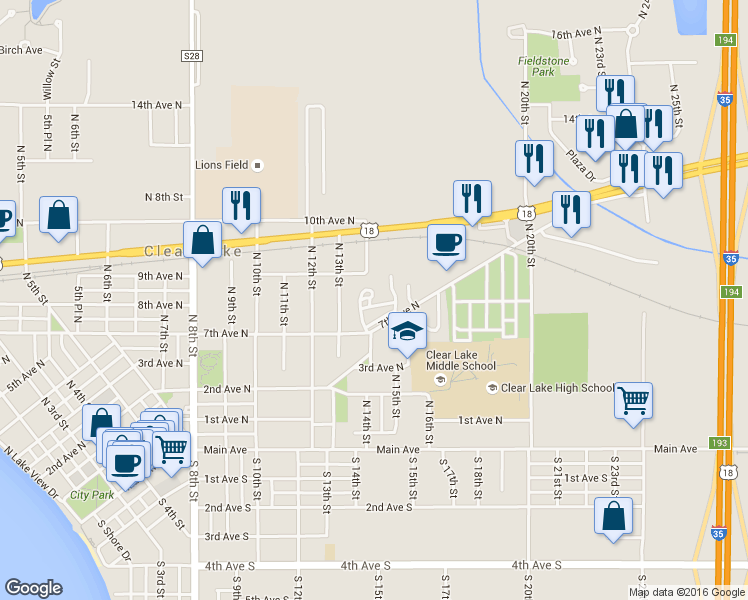 map of restaurants, bars, coffee shops, grocery stores, and more near 1400 7th Avenue North in Clear Lake
