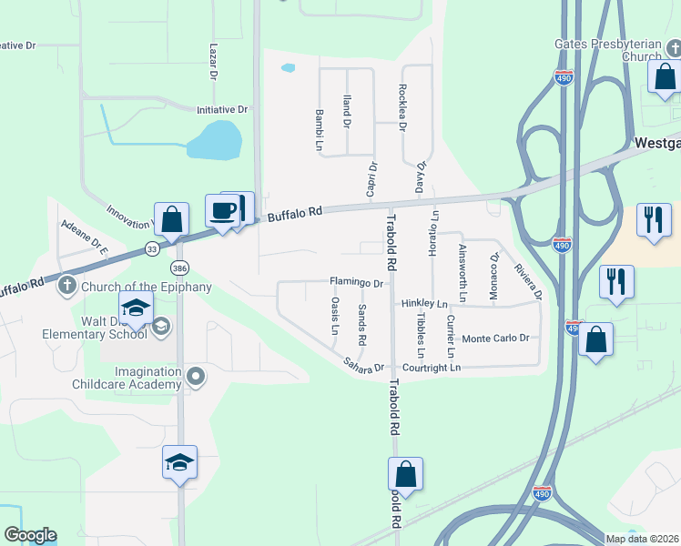 map of restaurants, bars, coffee shops, grocery stores, and more near 9 Flamingo Drive in Rochester