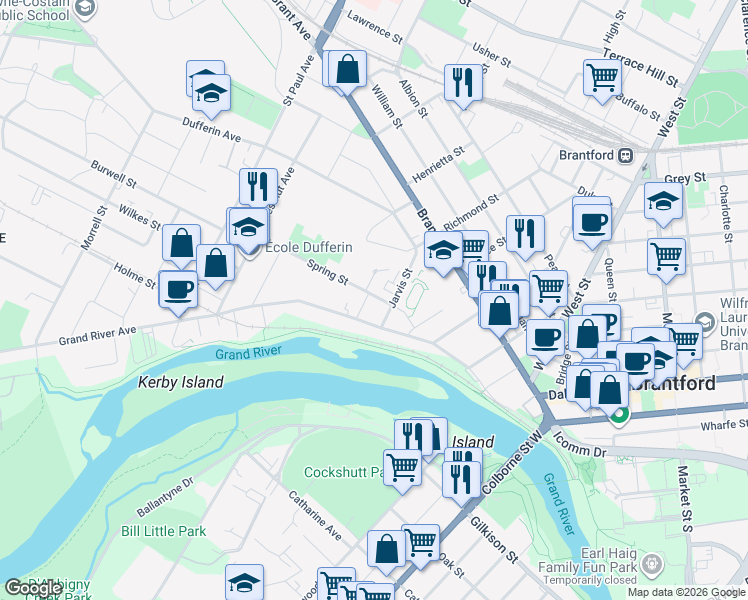 map of restaurants, bars, coffee shops, grocery stores, and more near 63 Grand River Avenue in Brantford
