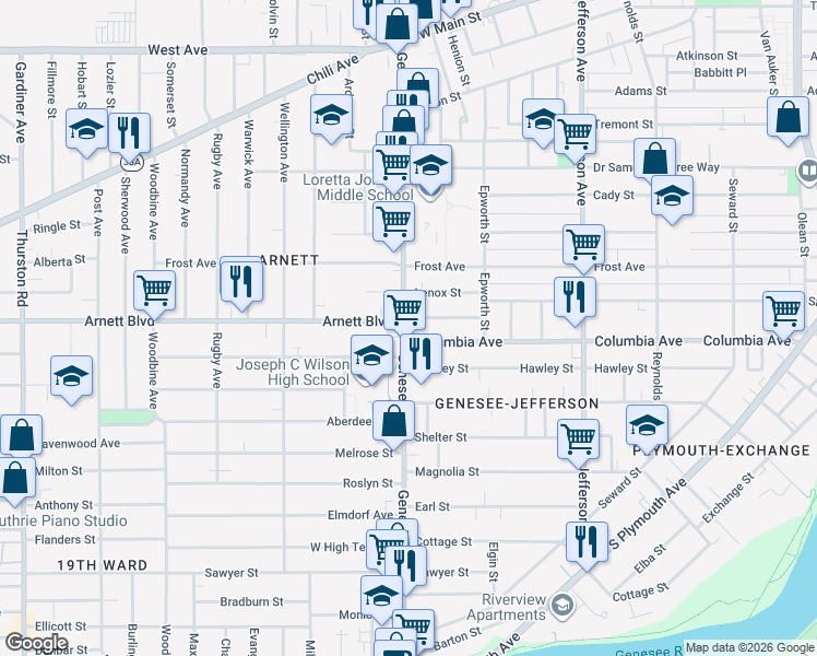 map of restaurants, bars, coffee shops, grocery stores, and more near 539 Columbia Avenue in Rochester