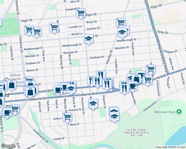 map of restaurants, bars, coffee shops, grocery stores, and more near 299 Wellington Street in Brantford
