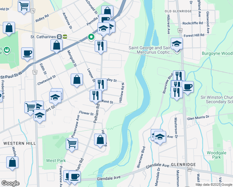 map of restaurants, bars, coffee shops, grocery stores, and more near 48 Cumming Street in Saint Catharines