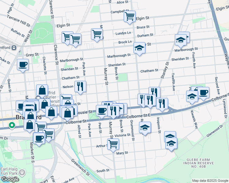 map of restaurants, bars, coffee shops, grocery stores, and more near Wellington Street in Brantford