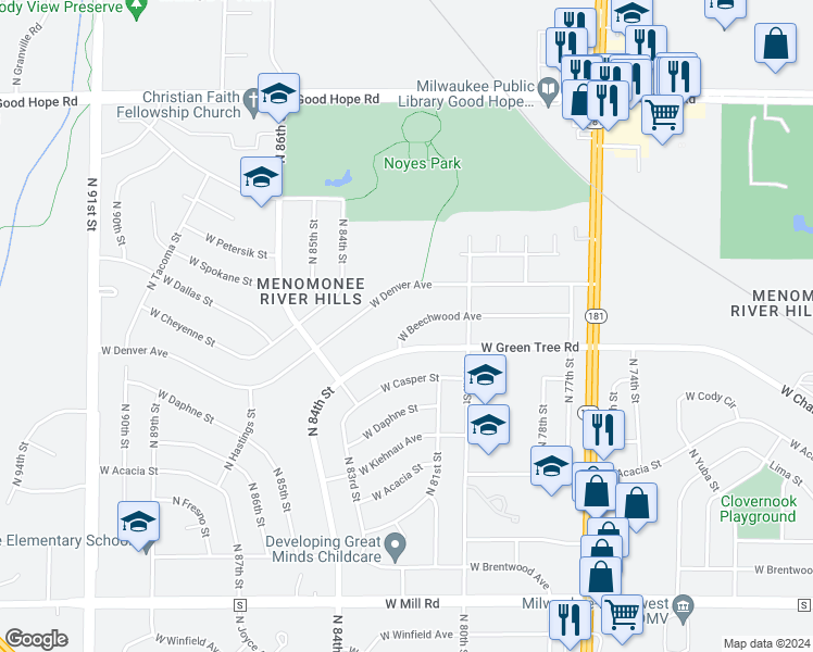 map of restaurants, bars, coffee shops, grocery stores, and more near 8142 West Beechwood Avenue in Milwaukee