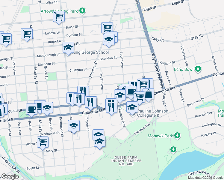 map of restaurants, bars, coffee shops, grocery stores, and more near 372 Darling Street in Brantford