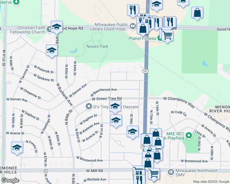 map of restaurants, bars, coffee shops, grocery stores, and more near 7908 West Green Tree Road in Milwaukee