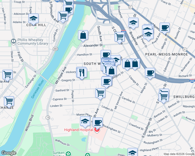 map of restaurants, bars, coffee shops, grocery stores, and more near 197 Gregory Street in Rochester