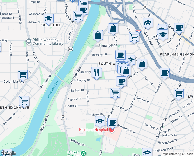 map of restaurants, bars, coffee shops, grocery stores, and more near 164 Ashland Street in Rochester