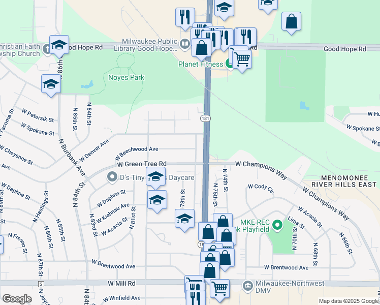 map of restaurants, bars, coffee shops, grocery stores, and more near in Milwaukee