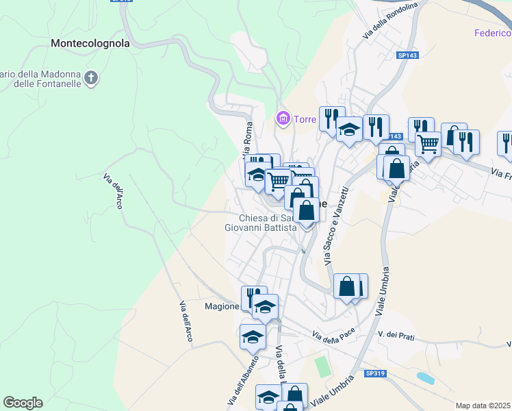 map of restaurants, bars, coffee shops, grocery stores, and more near N.1 Via della Ripa in Magione