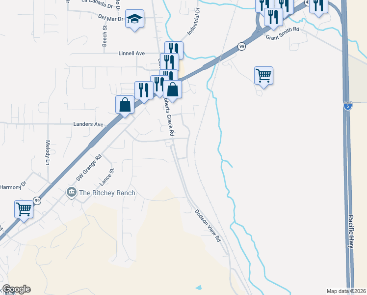 map of restaurants, bars, coffee shops, grocery stores, and more near 108 Twilight Avenue in Roseburg