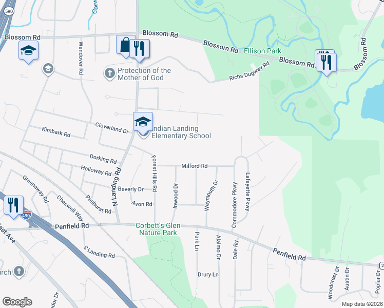 map of restaurants, bars, coffee shops, grocery stores, and more near 70 Milford Road in Rochester