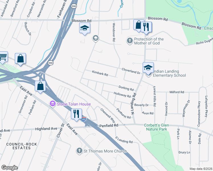 map of restaurants, bars, coffee shops, grocery stores, and more near 42 Holloway Road in Rochester