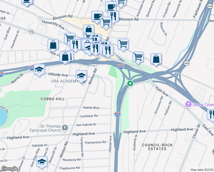 map of restaurants, bars, coffee shops, grocery stores, and more near 88 Cathaway Park in Rochester