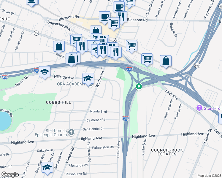 map of restaurants, bars, coffee shops, grocery stores, and more near 88 Cathaway Park in Rochester