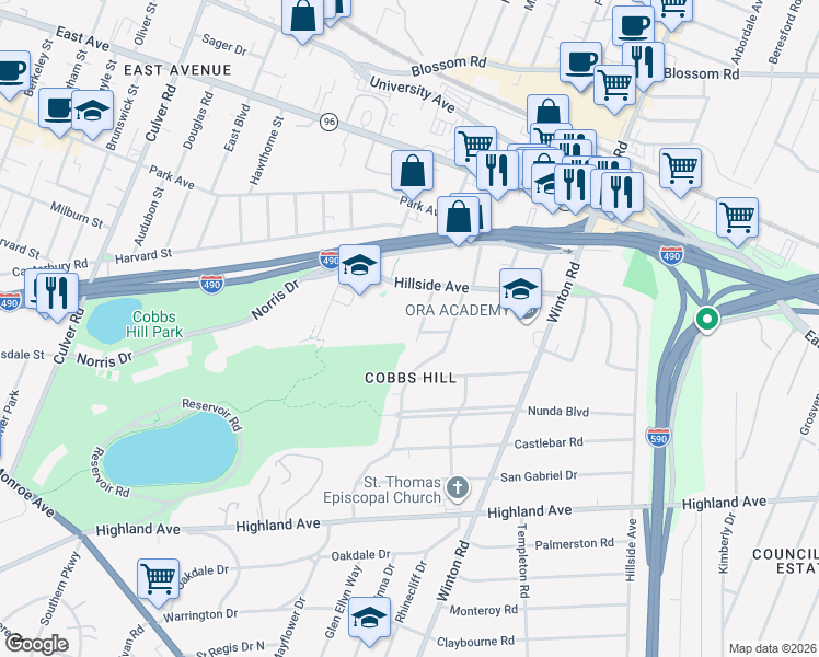 map of restaurants, bars, coffee shops, grocery stores, and more near 179 Cobbs Hill Drive in Rochester