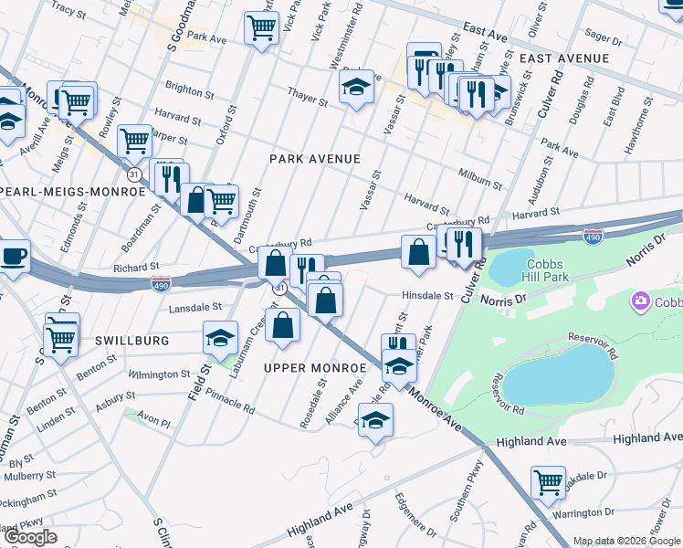 map of restaurants, bars, coffee shops, grocery stores, and more near 307 Rosedale Street in Rochester